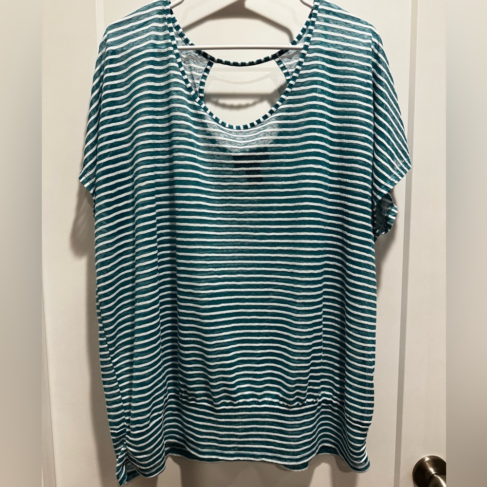 Lane Bryant Teal and White Striped Short Sleeve Tee